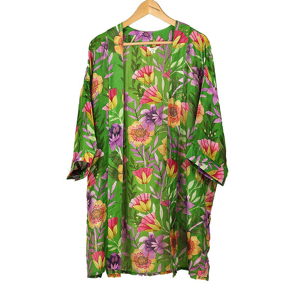 Long green mix floral print kimono