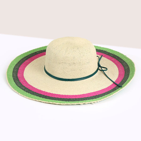 Cream, pink and green wide brim stripe sun hat