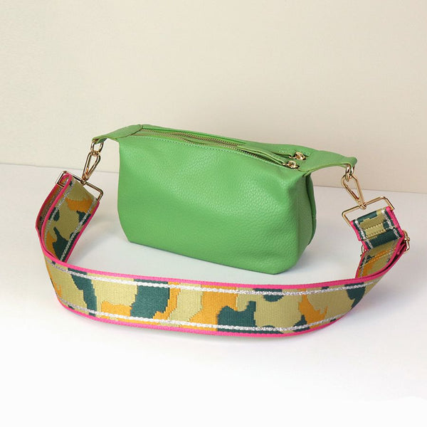 Pea green Vegan Leather double zip bag with camo strap