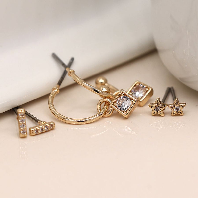 Faux gold plated triple crystal stud and hoop set
