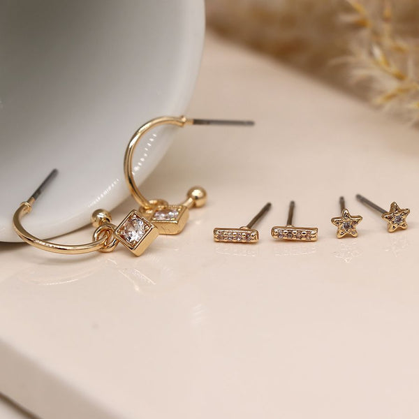Faux gold plated triple crystal stud and hoop set