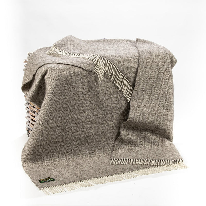 Natural Wool Eco Throw Pale Grey Herringbone