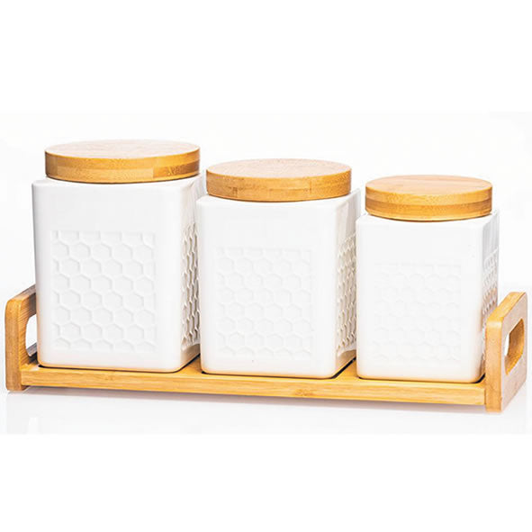 WHITE CERAMIC CANNISTER SET 3 PIECE