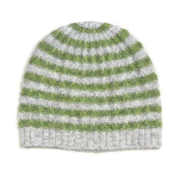 Mint green and grey striped recycled/wool blend beanie