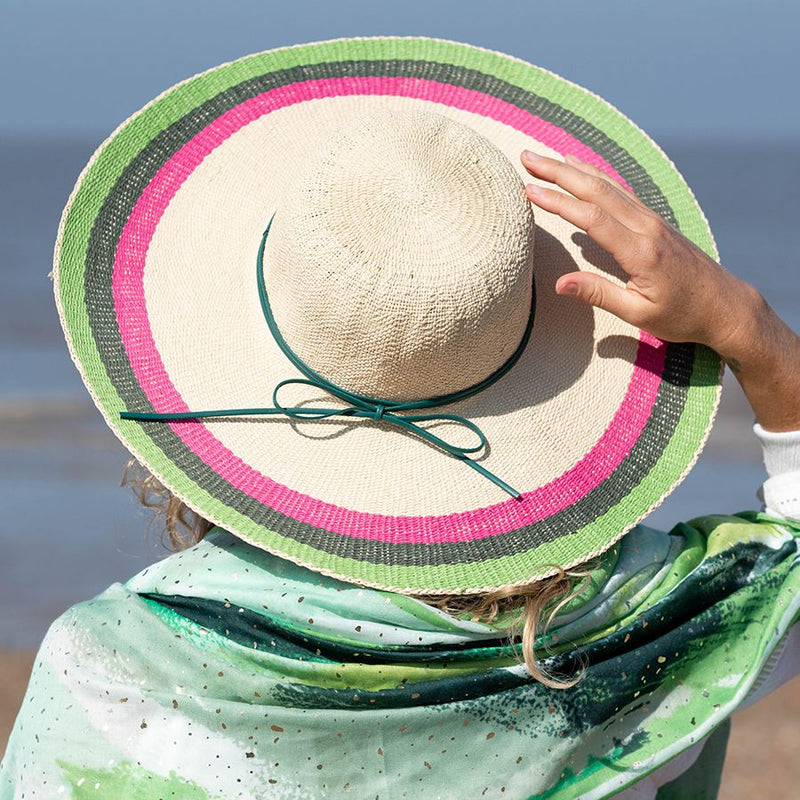 Cream, pink and green wide brim stripe sun hat