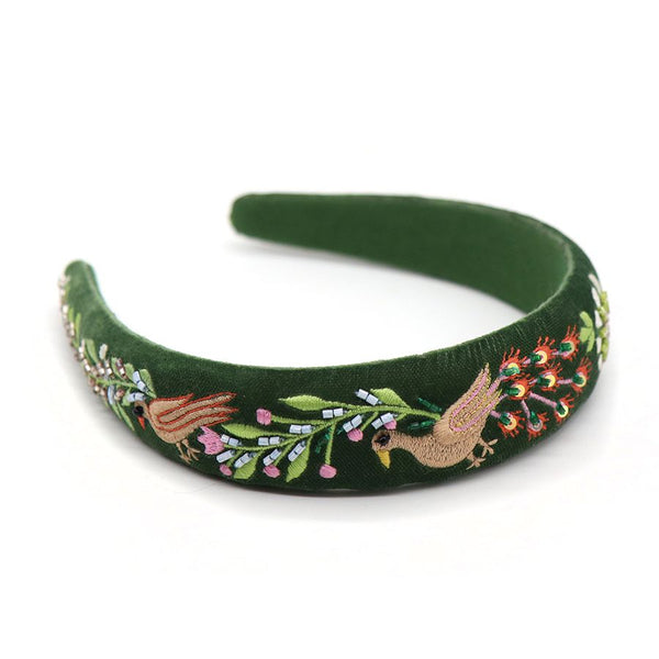 Green velvet headband with peacock embroidery