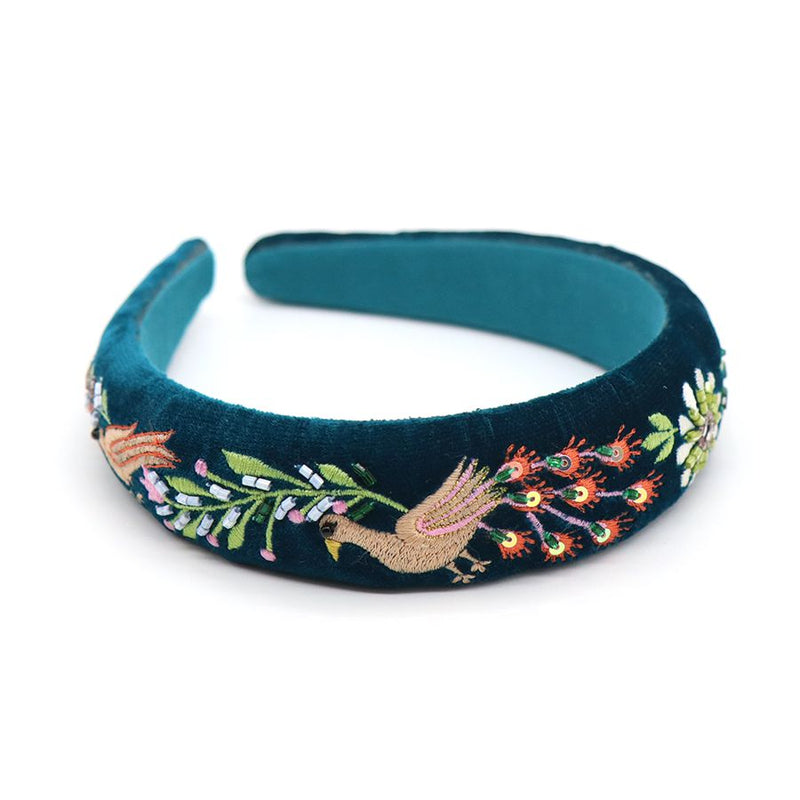 Teal velvet headband with peacock embroidery