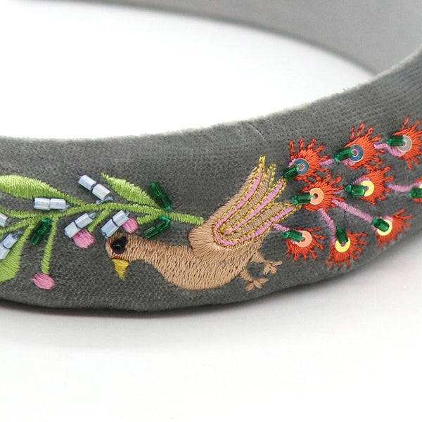 Grey velvet headband with peacock embroidery