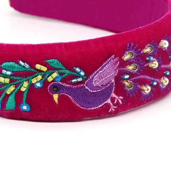 Magenta velvet headband with peacock embroidery