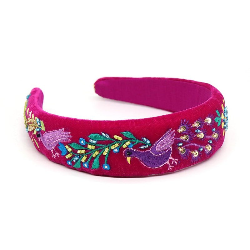 Magenta velvet headband with peacock embroidery