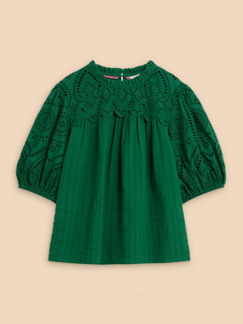 LEXI COTTON BRODERIE TOP IN BRIGHT GREEN