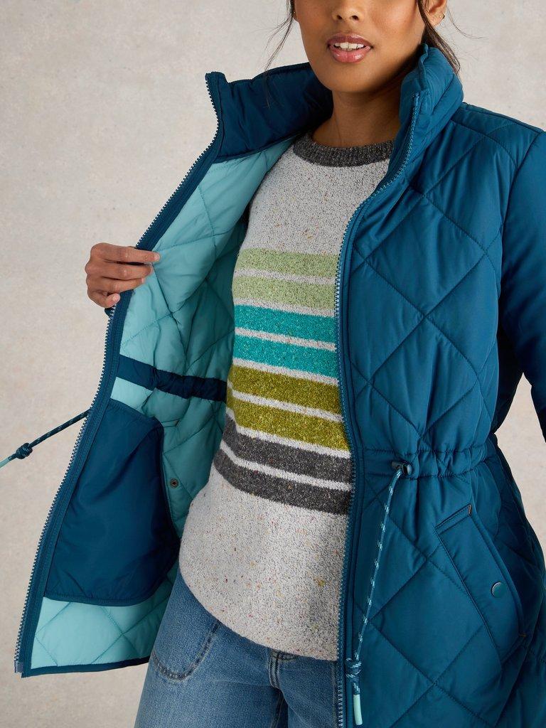 Emilia Quilted Collared Coat in DK TEAL