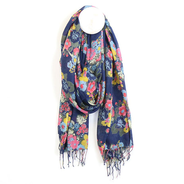 Navy and pink mix painted floral scarf with tassels