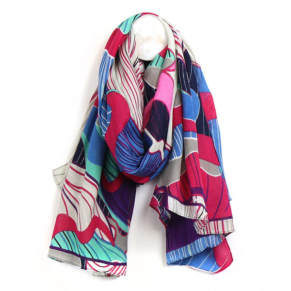 Bamboo viscose pink and blue mix tropical flower print scarf