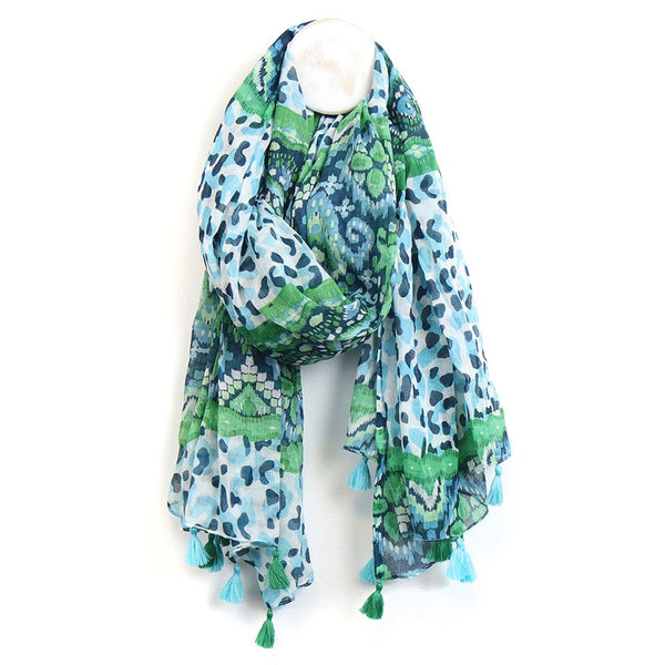 Cotton scarf with aqua mix camo and ikat print