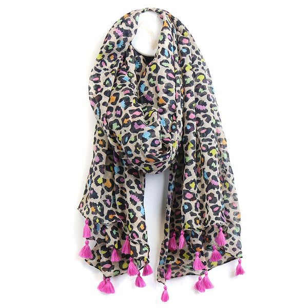 Cotton neon mix animal print and pink tassel scarf