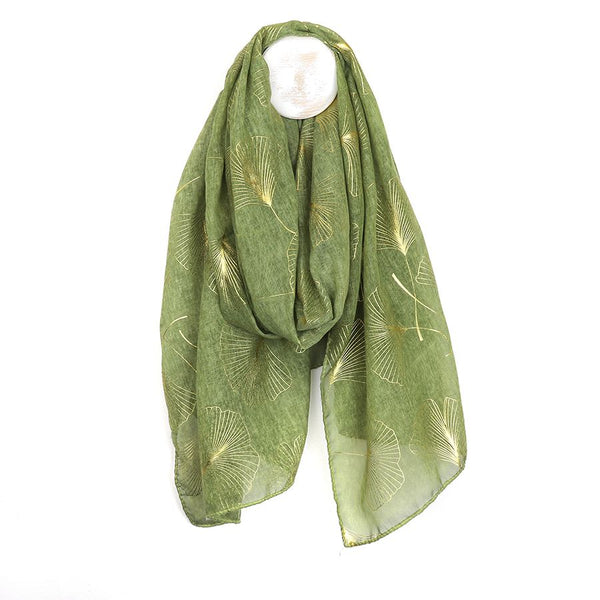 Recycled green and metallic gold ginkgo print scarf