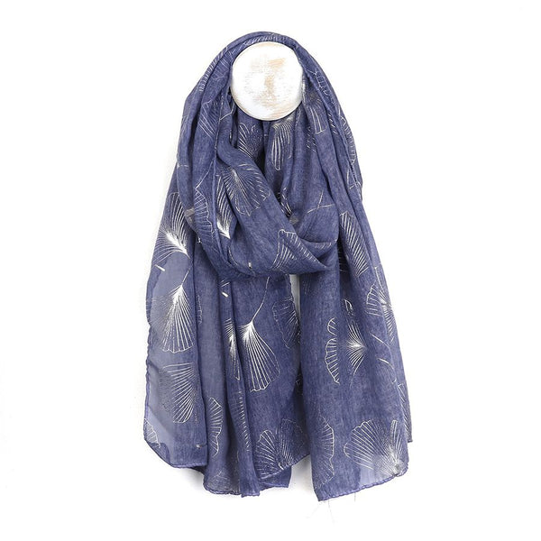 Recycled blue and metallic silver ginkgo print scarf
