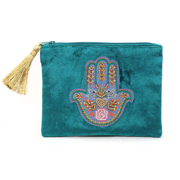 Teal velvet embroidered hand purse