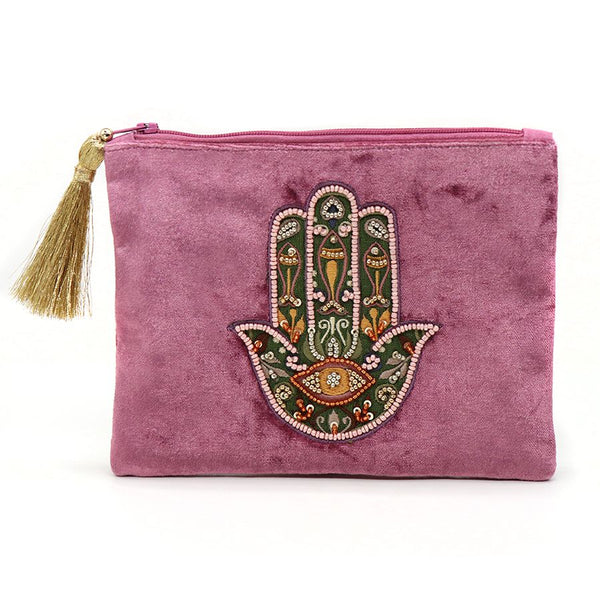 Pink velvet embroidered hand purse