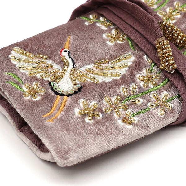 Mink velvet embroidered crane jewellery roll