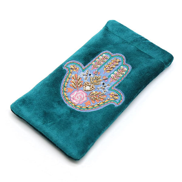 Teal velvet embroidered hand glasses pouch