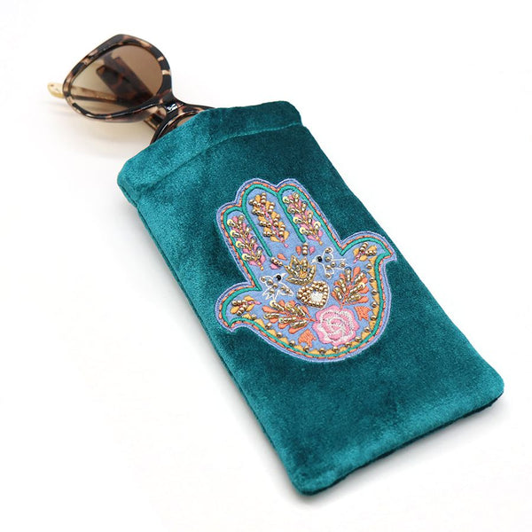 Teal velvet embroidered hand glasses pouch