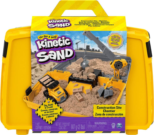 KINETIC SAND, CONSTRUCTION SITE FOLDING SANDBOX PLAYSET WITH VEHICLE AND 2LBS KINETIC SAND, FOR KIDS AGED 3 AND UP