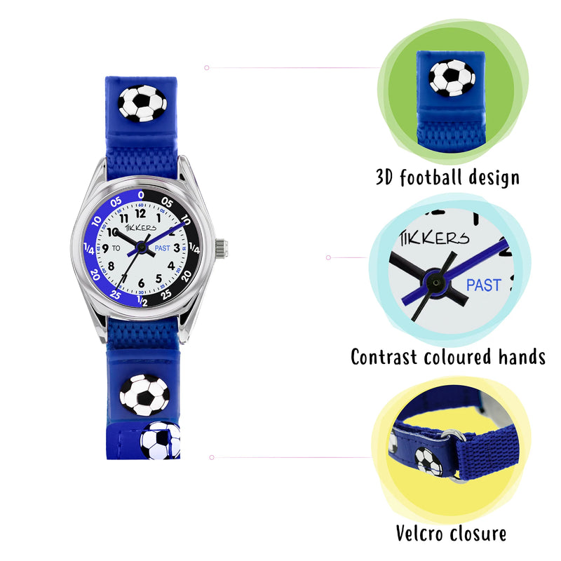 Tikkers Silver Case Time Teacher Dial BE Football Velcro Strap