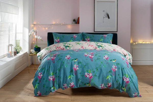 Bird Garden Teal 200 Thread Count Cotton Rich Bedlinen Duvet set - Single Duvet set Bedlinen