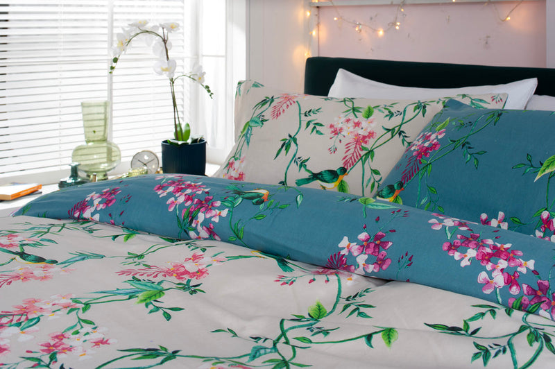 Bird Garden Teal 200 Thread Count Cotton Rich Bedlinen - Super King Duvet set Bedlinen