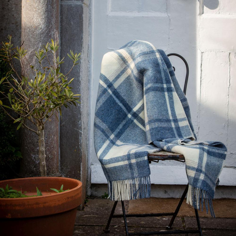 Large Irish Picnic Blanket Natural Denim Blue Mix Plaid