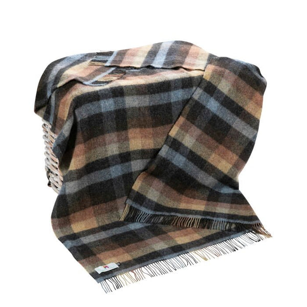 Large Irish Picnic Blanket Brown Charcoal Grey Rust Box Plaid