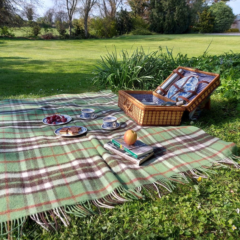 Large Irish Picnic Blanket Denim Green Camel Burgundy Plaid