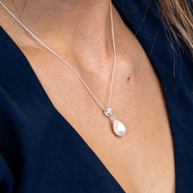 Sterling silver shell pearl drop and crystal necklace