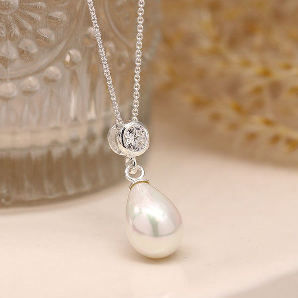 Sterling silver shell pearl drop and crystal necklace
