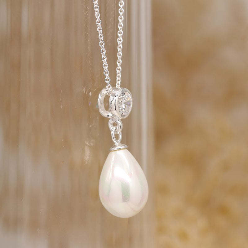 Sterling silver shell pearl drop and crystal necklace