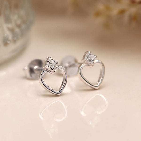 Sterling silver heart and crystal stud earrings