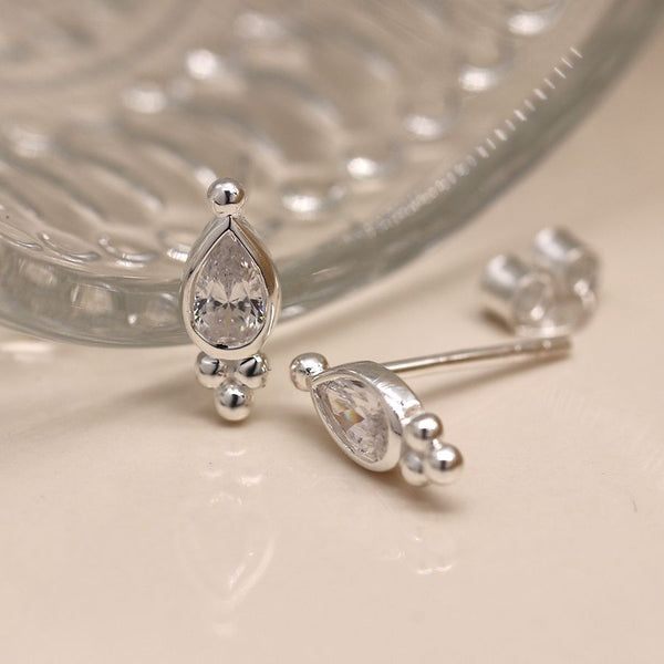 Sterling silver teadrop stud earring with dot detail