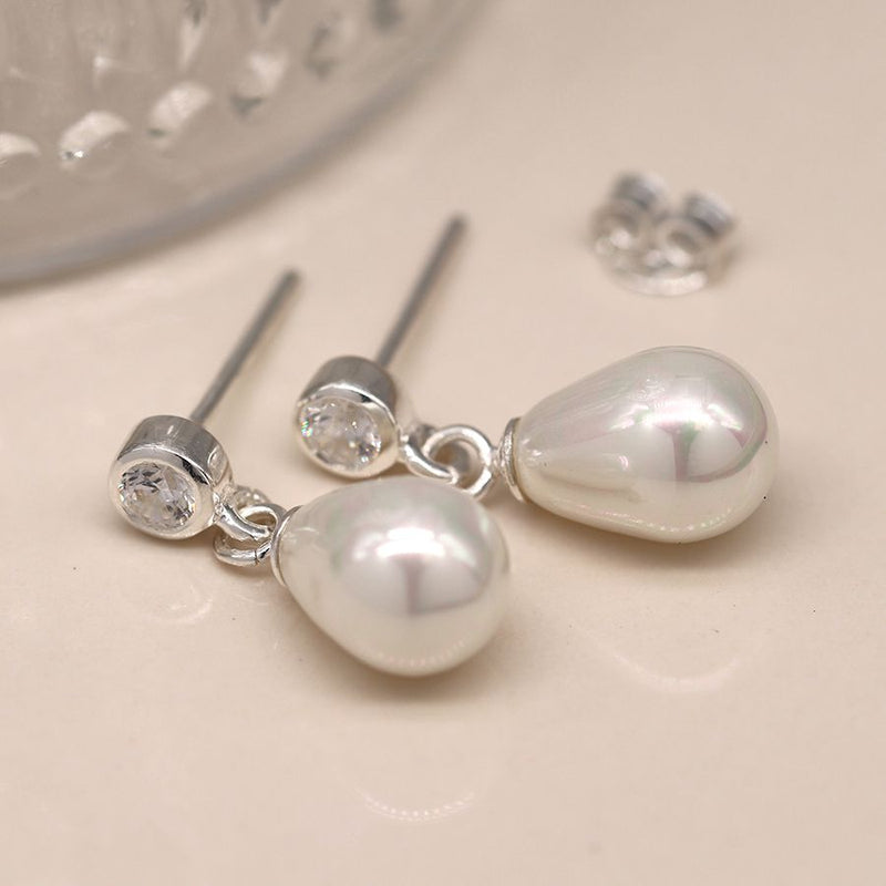 Sterling silver shell pearl drop and crystal earrings