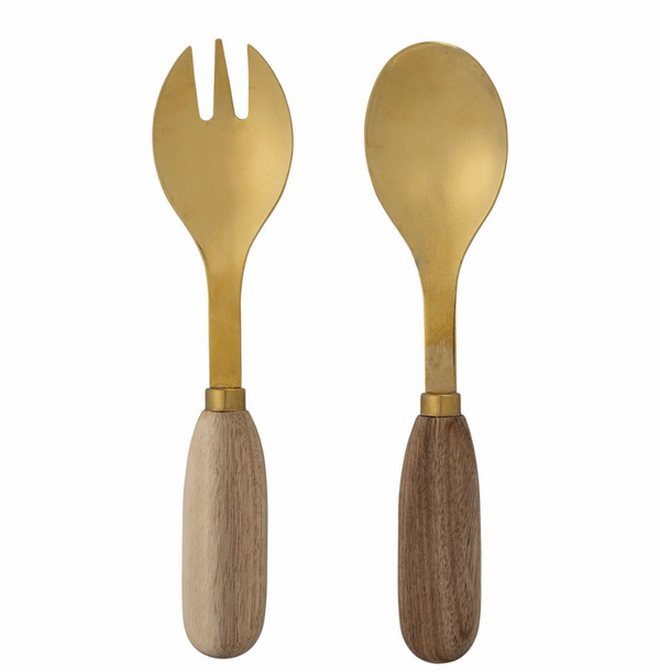 Thina Salad Servers, Gold, Acacia