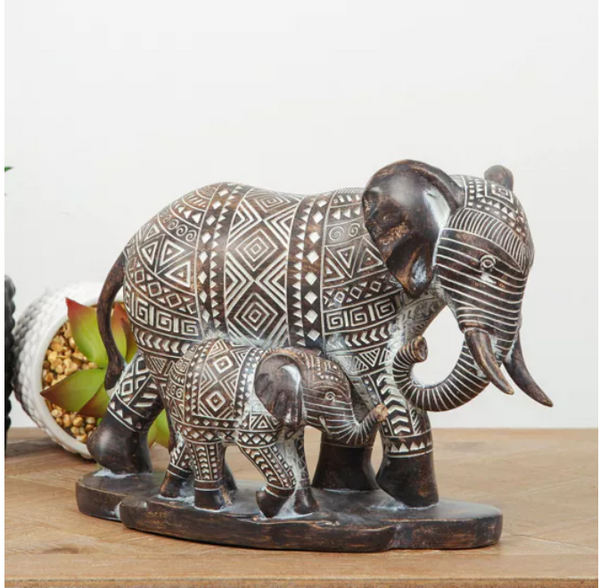 AZTEC PATTERNED ELEPHANT AND BABY FIGURINE
