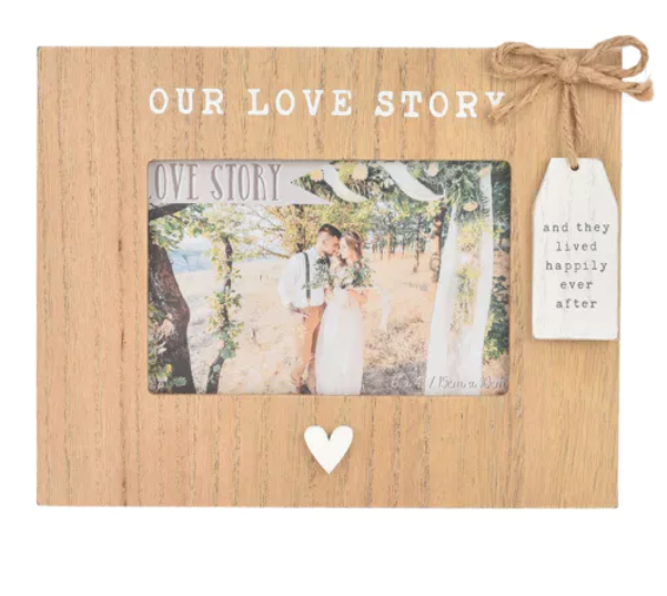 LOVE STORY WOODEN FRAME WITH TAG 6" X 4" "OUR STORY"