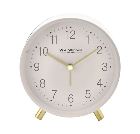 WM. WIDDOP ALARM CLOCK METAL FEET LIGHT & SNOOZE - WHITE