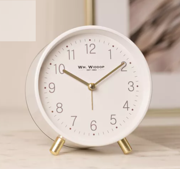 WM. WIDDOP ALARM CLOCK METAL FEET LIGHT & SNOOZE - WHITE