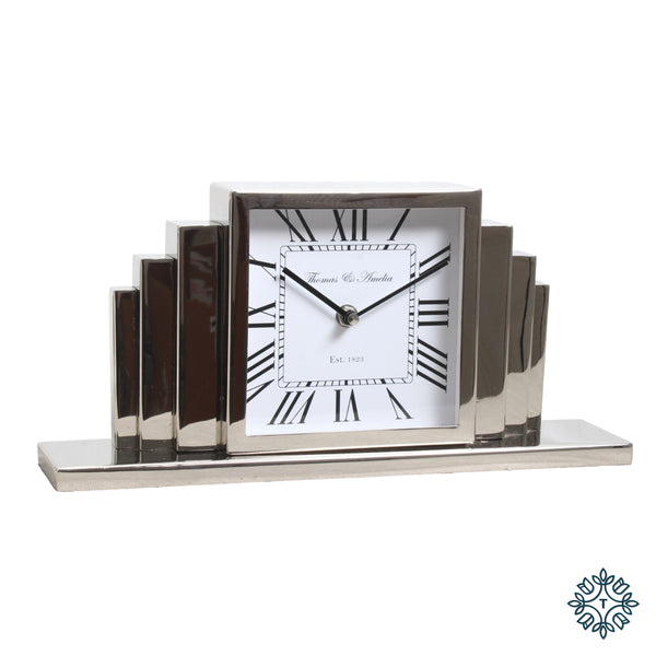 Thomas and ameila art deco mantle clock silver 26cm