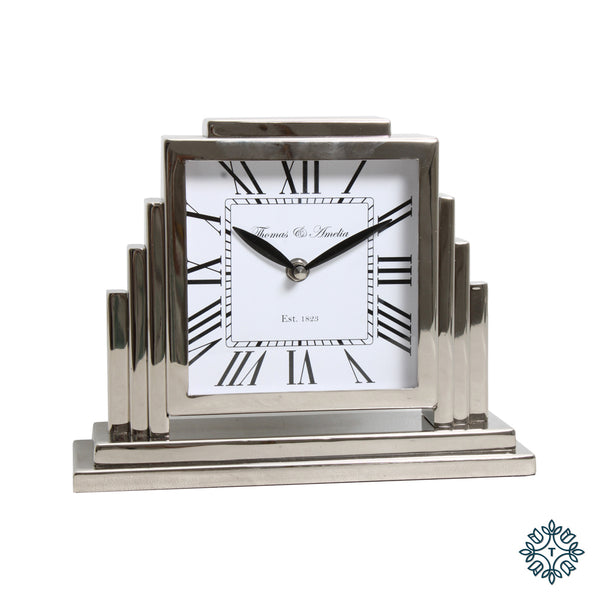 Thomas and ameila art deco mantle clock silver 36cm