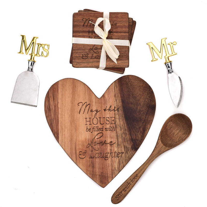 AMORE HEART BOARD, COASTERS, CHEESE KNIVES AND SPOON SET