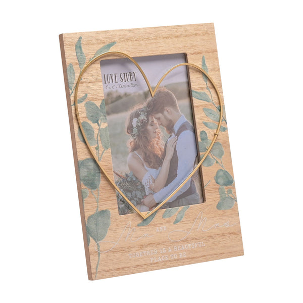 HOVER TO ZOOM IMAGES LOVE STORY 'MR & MRS' FRAME WITH WIRE HEART - 4" X 6"
