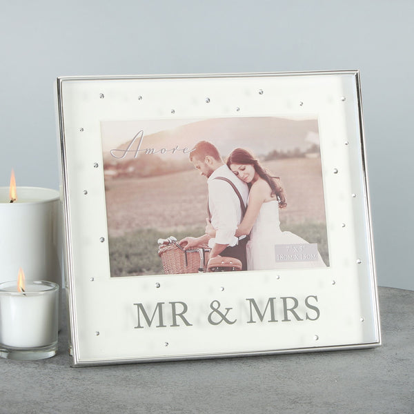 AMORE SILVERPLATED BOX FRAME WITH CRYSTALS 7" X 5" MR & MRS